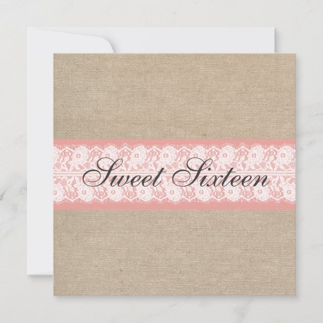 Convite Coral Burlap Lace Doce 16 Aniversário (Frente)