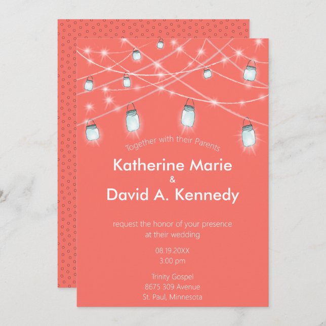 Convite Coral Casado Mason Jar String Luz Qualquer Cor (Frente/Verso)