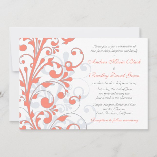 Convite Coral, Cinza White Floral Invitation (Frente)