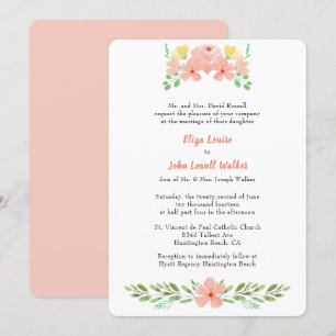 Convite Coral cor-de-água rosa Florais Casamento Elegante