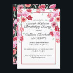 Convite Coral Cor Floral Rosa, Aquarela Doce 16 Aniversári<br><div class="desc">Este doce e moderno convite de aniversário de dezesseis anos é perfeito para os meses de verão e primavera. Apresenta buquês de flores verdes, pintadas à mão, cor-de-rosa, rosa-morango, rosa-coral, vermelho-roge e algas, cercados em uma borda vermelha pínus sobre um simples fundo branco. O dorso apresenta as mesmas flores espalhadas...</div>