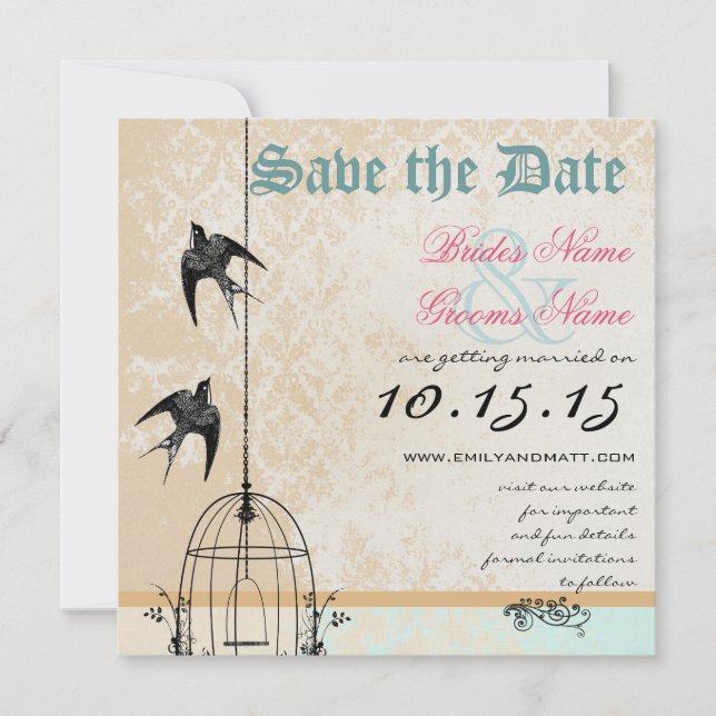 Convite Coral Damask Bird Cage Casamento Salve a Data (Frente)