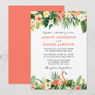 Convite Coral de Casamento de Flamingo Tropical de Waterco
