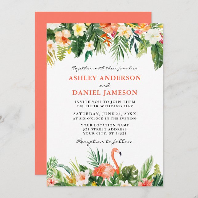 Convite Coral de Casamento Flamingo Floral Tropical Waterc (Frente/Verso)
