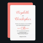 Convite Coral de Cor do Script de Casamento Moderno<br><div class="desc">Este convite de casamento moderno e chic usa a cor do coral. Os nomes na fonte de estilo manuscrito de script são proeminentes e distintos. Personalize os detalhes com suas informações. O coral de cor de sotaque pode ser alterado usando a ferramenta personalizar. se você precisar de ajuda, entre em...</div>