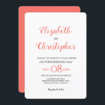 Convite Coral de Cor do Script de Casamento Moderno<br><div class="desc">Este convite de casamento moderno e chic usa a cor do coral. Os nomes na fonte de estilo manuscrito de script são proeminentes e distintos. Personalize os detalhes com suas informações. O coral de cor de sotaque pode ser alterado usando a ferramenta personalizar. se você precisar de ajuda, entre em...</div>