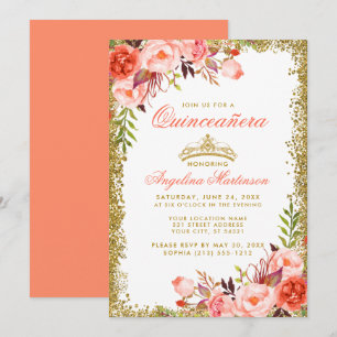 Convite Coral de Cores Aquáticas Quinceanera Dourada Glit