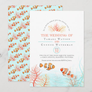 Convite Coral do casamento e aguarela aquáticos dos peixe