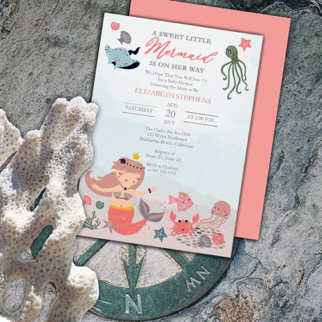 Convite Coral Doce Pequena Chá de fraldas De Sereia No Mar (Criador carregado)