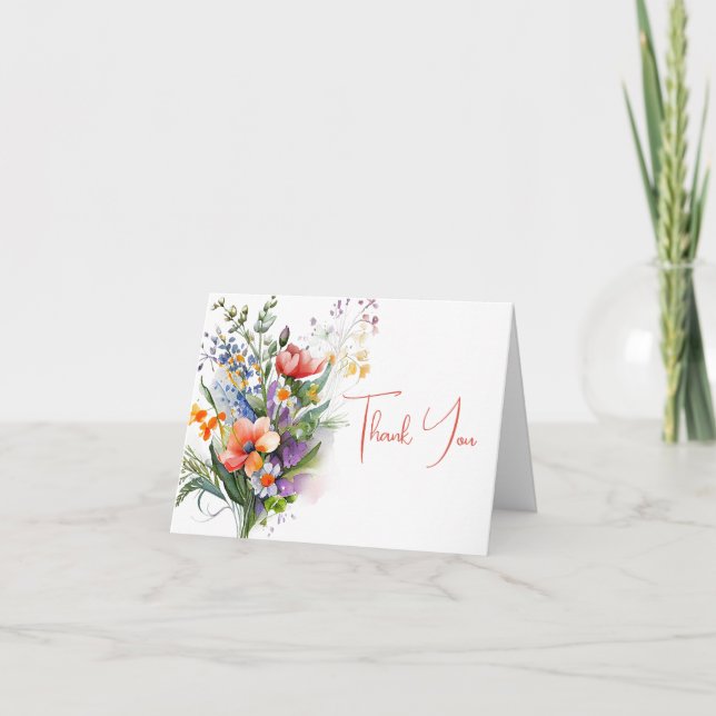 Convite Coral e flores silvestres roxas Obrigado (Frente)