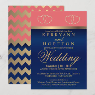 Convite Coral e Marinho Azul com Corações Dourados - Per