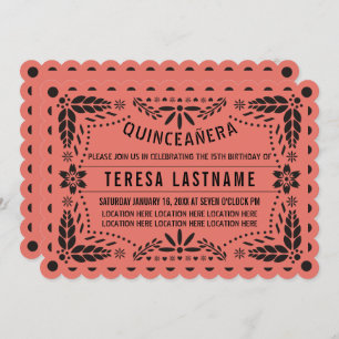 Convite Coral e papel preto picado Quinceañera