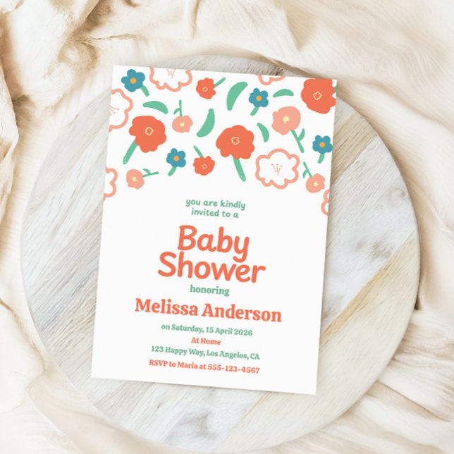 Convite Coral e Teal Chá de fraldas Floral Moderno (Criador carregado)