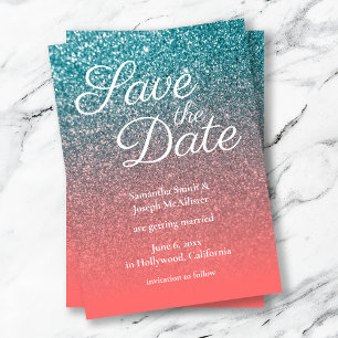 Convite Coral e Teal Ombre Glitter Salvar a Data