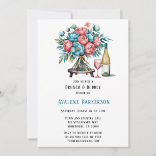 Convite Coral e Teal Peonies Dourados Brunch e Bubbles