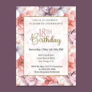 Convite Coral Elegante e Peônia Lavanda Aniversário de 18
