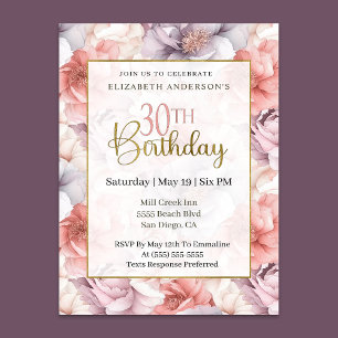 Convite Coral Elegante e Peônia Lavanda Aniversário de 30