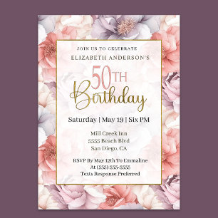 Convite Coral Elegante e Peônia Lavanda Aniversário de 50