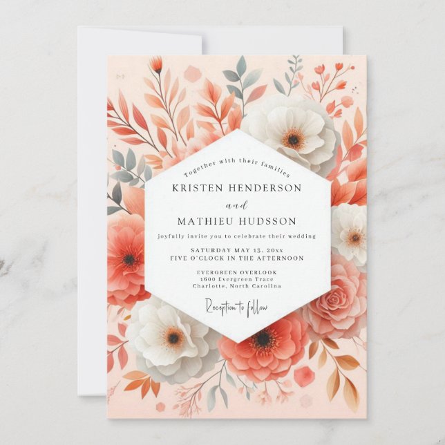 Convite Coral Floral Bloom Romantic Wedding (Frente)