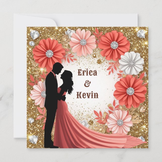 Convite 💍 Coral Floral Dourada Aliança de Noivado 💍 (Frente)