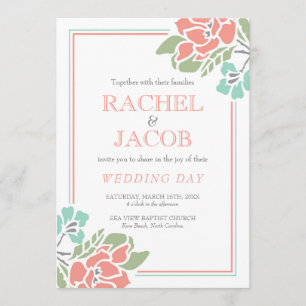 Convite Coral Floral Moderno e Casamento Teal