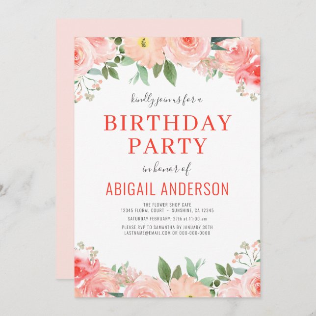 Convite Coral Floral Peach Birthday Qualquer Idade Moderna (Frente/Verso)