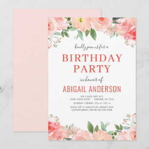 Convite Coral Floral Peach Birthday Qualquer Idade Moderna