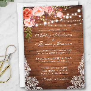 Convite Coral Floral Rustic Wood Lights