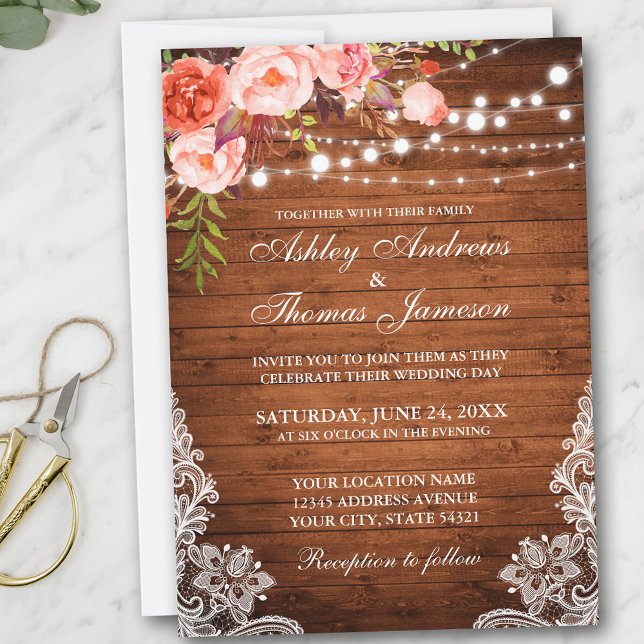 Convite Coral Floral Rustic Wood Lights (Customize to add more text or photos to back of card.)
