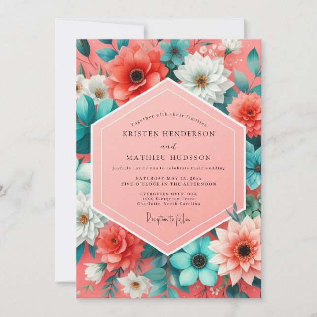 Convite Coral Floral Whimsy Wedding (Frente)