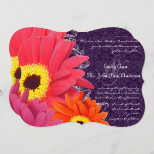 Convite Coral Fuchsia EggPlant Gerber Daisy Wedding