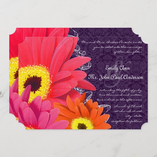 Convite Coral Fuchsia EggPlant Gerber Daisy Wedding (Frente/Verso)