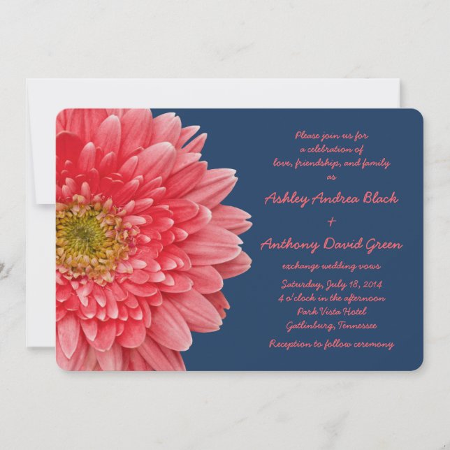 Convite Coral Gerbera Daisy Marinho Blue Weding Invitation (Frente)