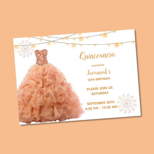 Convite Coral Gown String Luz Quinceanera (Criador carregado)
