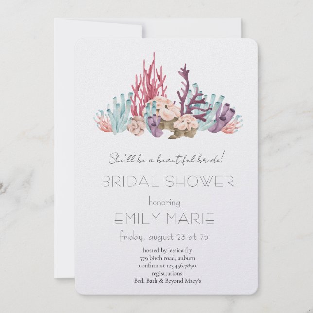 Convite Coral Kisses & Ocean Wishes Bridal Shower (Frente)