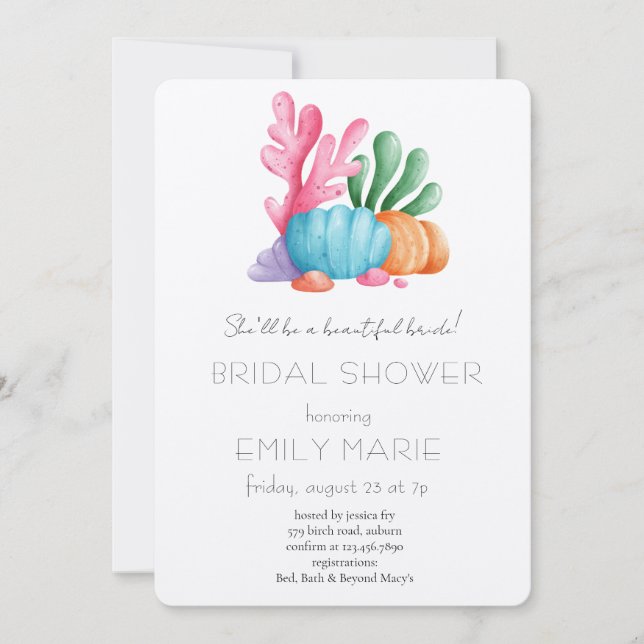 Convite Coral Kisses & Ocean Wishes Bridal Shower (Frente)