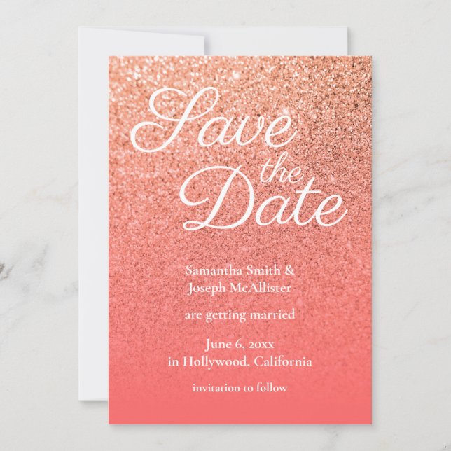 Convite Coral Laranja Ombre Glitter Salve a Data (Frente)