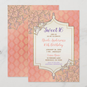 Convite Coral Lavanda Dourada do Marrocos Glam Sweet 16