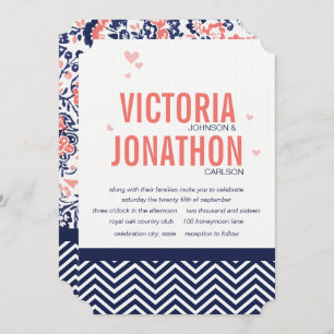 Convite Coral Marinho e Coral Zig Zag e Casamento Floral