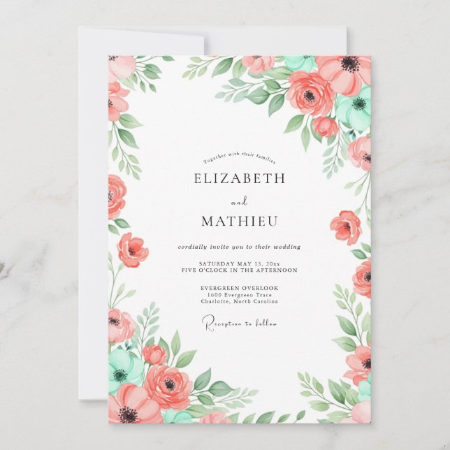 Convite Coral Mint Botanical Bliss Wedding (Frente)