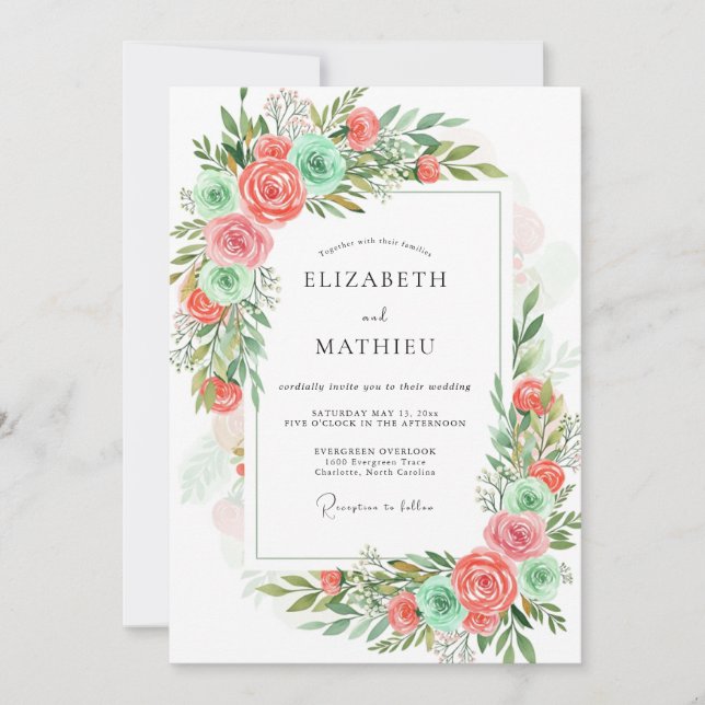 Convite Coral Mint Romantic Floral Wedding (Frente)