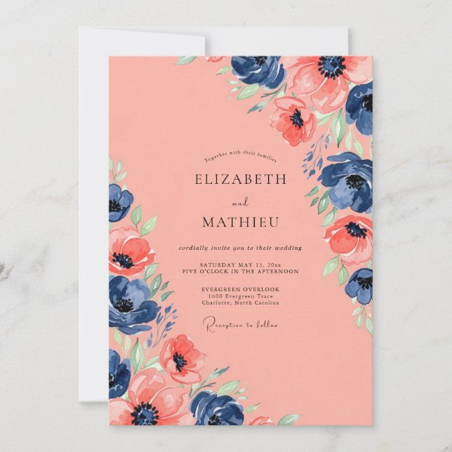 Convite Coral Navy Blue Enchanting Summer Wedding (Frente)