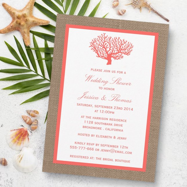 Convite Coral No Chá De Casamento Da Praia Burlap Boho (Criador carregado)