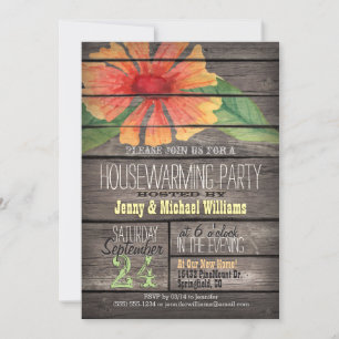 Convite Coral Orange Flower; Rustic Housearming Party