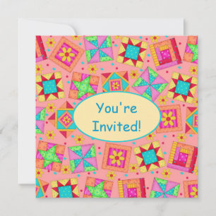 Convite Coral Orange Yellow Patchwork Quilt Block Art