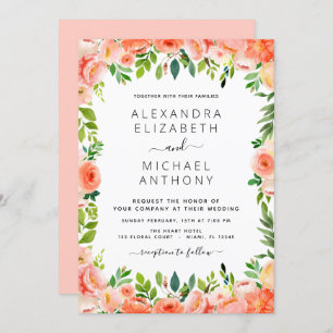 Convite Coral Peach Floral Greenery Casamento Botânico Inv