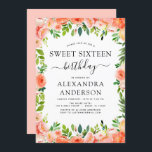 Convite Coral Peach Floral Sweet Dezesseis 16 Aniversário<br><div class="desc">Coral,  Peach e branco Floral e Eucalyptus Greenery Primavera botânico ou Summer Pastel Sweet XVI (16.º) Convites de Celebração de Festas de aniversário - inclui uma bela e elegante tipografia de escrita com flores botânicas modernas e verde para a celebração especial de Aniversário.</div>