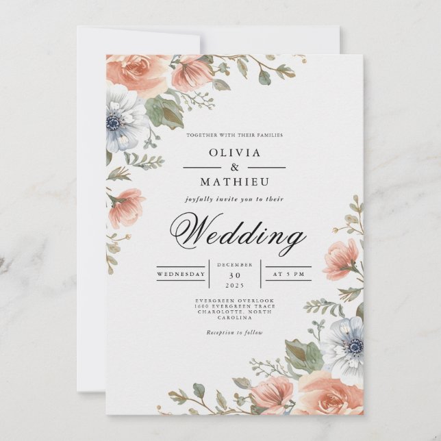 Convite Coral Peach Floral Whimsy Wedding (Frente)