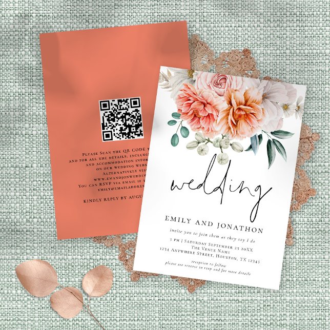 Convite Coral Peach Peonies Florals Script Wedding (Front and back view)