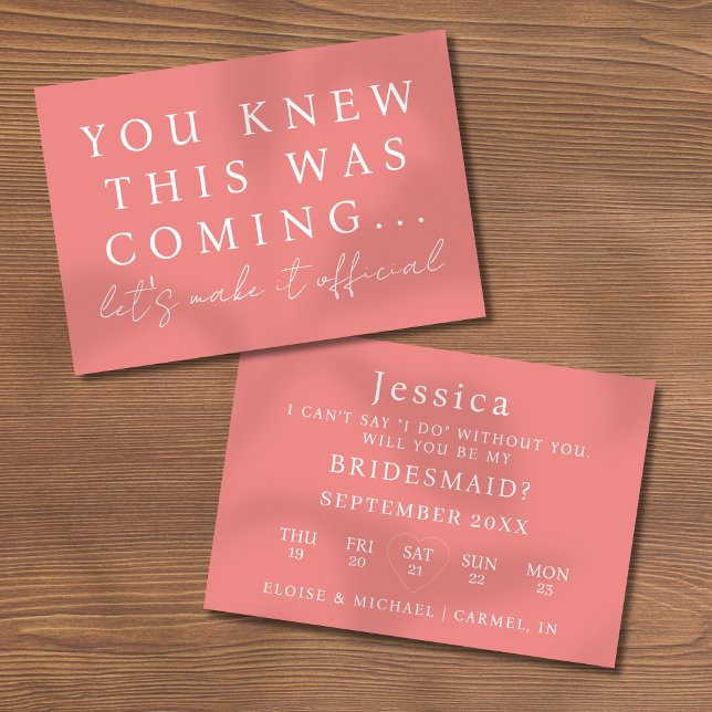 Convite Coral Pink Will You Be My Bridesmaid Proposal Card (Pop the question to your bridal party with this Will You Be My Bridesmaid Proposal Card! )